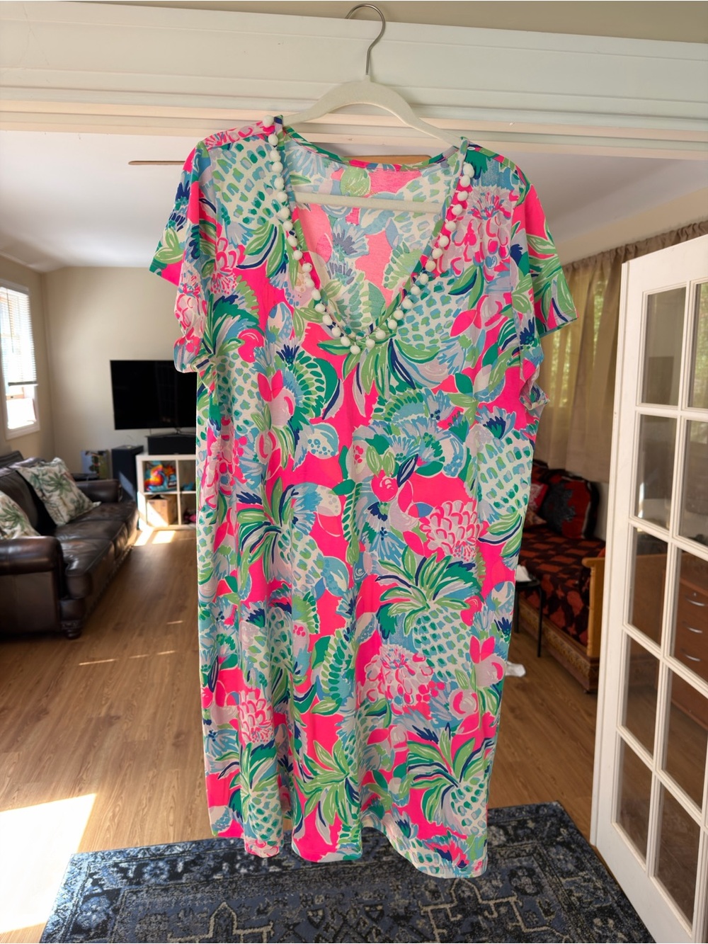Lilly Pulitzer Vibrant Pink Tropical V-Neck Women’s Dress Cotton